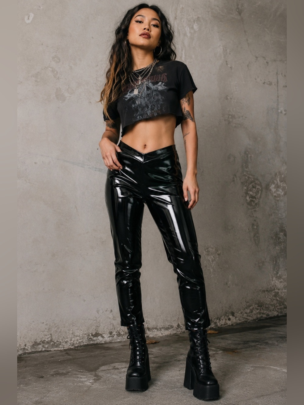 I AM GIA Womens Tex Pant XS Black Patent Faux Leather Dolls Kill Crop Goth Shiny